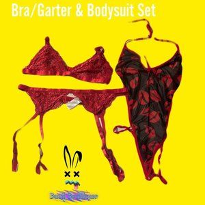 ❌SOLD ON VINTED❌Red Lace Bra/Garter & Red Hot Lips Bodysuit